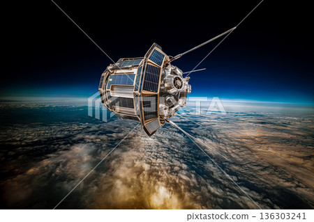 Detailed view of a satellite in space, featuring metallic structure, antennas, and large solar panels, orbiting above Earth's blue atmosphere and orange-tinted cloud layers against the dark void. Detailed view of a satellite in space, featuring metallic structure, antennas, and large solar panels, orbiting above Earth's blue atmosphere and orange-tinted cloud layers against the dark void. 136303241