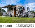 Family vacation travel RV, holiday trip in motorhome, Caravan car Vacation. Beautiful Nature Norway. 136303251