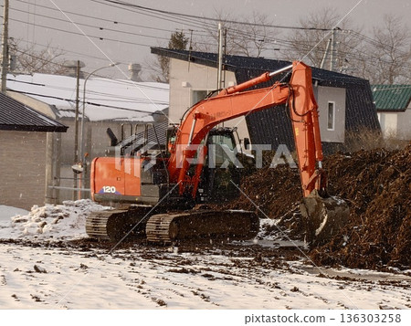 Hydraulic excavators in use at civil engineering sites Hydraulic excavators in use at civil engineering sites 136303258
