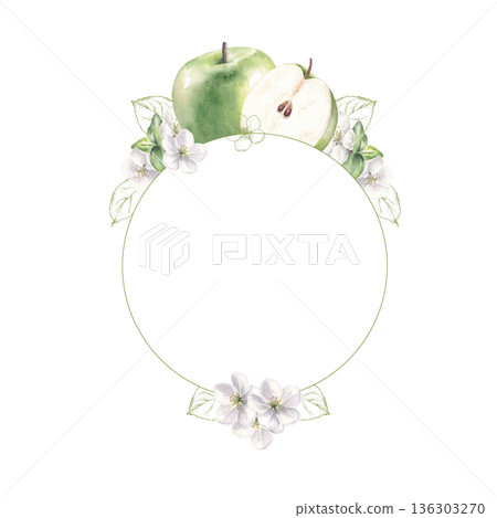 Round frame with green apples, flowers and graphic elements. Watercolor hand drawn illustration isolated on white background Round frame with green apples, flowers and graphic elements. Watercolor hand drawn illustration isolated on white background 136303270