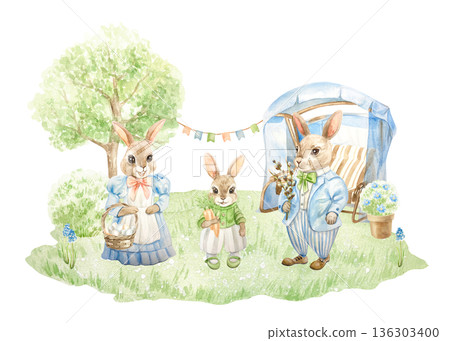 Rabbit family standing on green grass with a leafy tree, a swing and a bush. Hand drawn watercolor illustration isolated on white. Pastel clip art for Easter vintage cards, invitations and posters. 136303400