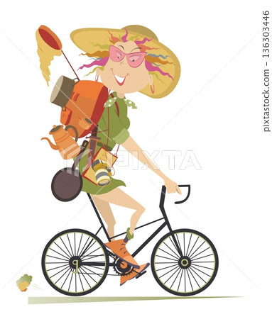 Traveler woman rides a bike isolated illustration. Smiling traveler woman in big hat with rucksack and outfit rides a bike and looks healthy and happy isolated on white 136303446