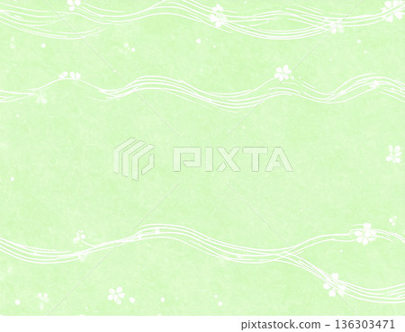 Pastel green Japanese paper background | Gentle Japanese-style texture with flowing white fibers 136303471