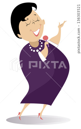 Romantic singer woman isolated illustration. Cartoon woman with microphone sings a song with inspiration illustration	 136303521