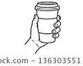 Hand Holding Takeaway Coffee Cup with Blank Sleeve. Line Art Vector Illustration of Hot Beverage for Mockup 136303551
