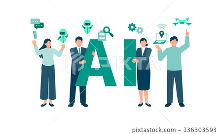 Business image proposing a new way of working using AI DX concept with men and women in suits Business image proposing a new way of working using AI DX concept with men and women in suits 136303593