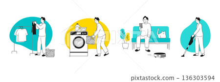Lifestyle illustration of a young man doing housework with smart home appliances Daily life with laundry and cleaning Lifestyle illustration of a young man doing housework with smart home appliances Daily life with laundry and cleaning 136303594