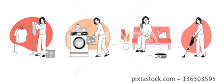 Lifestyle illustration of a young woman doing housework using smart home appliances, laundry and cleaning scenes 136303595