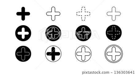 Plus Sign Icon Set Bold, Outline, Dotted, and Circular Variations For Design Projects 136303641