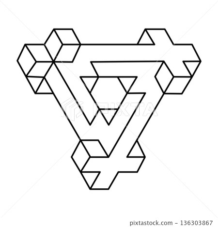 Optical illusion shape, triangle, geometric element, vector illustration. Impossible object. Sacred geometry figure. Line art.  136303867