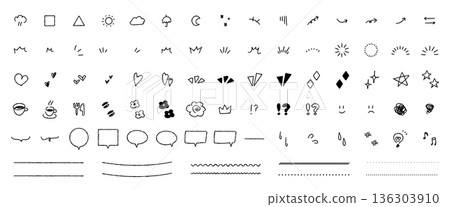 手繪裝飾插圖套裝:箭頭、對話氣泡、閃光、線條和圖示線稿 手繪裝飾插圖套裝:箭頭、對話氣泡、閃光、線條和圖示線稿 136303910