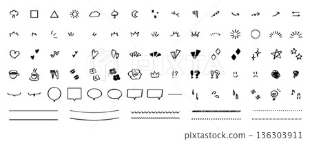 Hand-drawn decorative illustration set: Arrows, speech bubbles, sparkles, lines, and icon line art 136303911