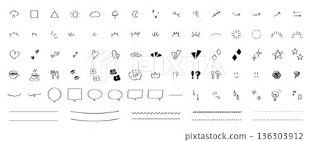 Hand-drawn decorative illustration set: Arrows, speech bubbles, sparkles, lines, and icon line art 136303912
