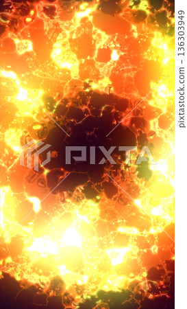 Molten lava and fire texture with blazing orange glow and dark crater center, abstract volcanic heat background 136303949