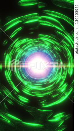 Glowing green energy vortex with circular rings and bright core light, forming a futuristic portal tunnel background 136303953