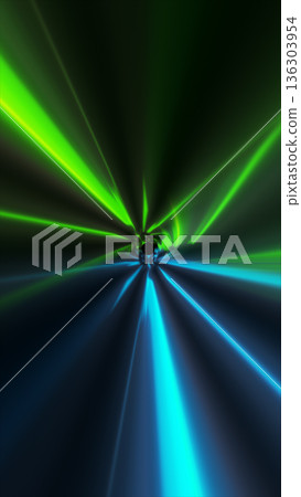 Fast-moving neon green and blue beams converging toward a dark central point, forming an energetic vortex 136303954