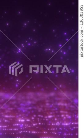 Abstract purple background with glowing digital particles and a soft horizon line, symbolizing data landscapes, virtual worlds, and futuristic depth 136303955