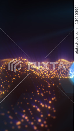 Abstract golden particle wave with bokeh glow and futuristic tech overlay on dark background Abstract golden particle wave with bokeh glow and futuristic tech overlay on dark background 136303964