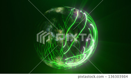 Green and yellow glowing orb with organic, net-like patterns and swirling luminous mist Green and yellow glowing orb with organic, net-like patterns and swirling luminous mist 136303984