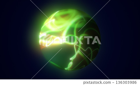 Vivid green energy sphere with glowing swirling light trails and bright neon highlights against a dark cosmic background Vivid green energy sphere with glowing swirling light trails and bright neon highlights against a dark cosmic background 136303986