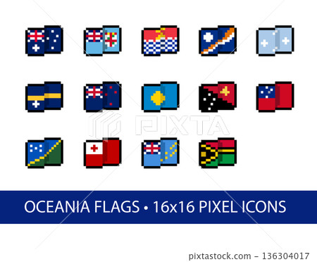 Oceania Flags 16x16 Pixel Art Vector Icons. Set of 10+ stylized, simplified, abstract pixel interpretations of flag designs in common use as of 2026. Oceania Flags 16x16 Pixel Art Vector Icons. Set of 10+ stylized, simplified, abstract pixel interpretations of flag designs in common use as of 2026. 136304017