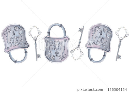 Seamless vintage border with metal delicate padlock, key. Hand-painted watercolor illustration isolated on white for printing, packaging, stationery, branding, romantic decor, wedding design projects 136304134