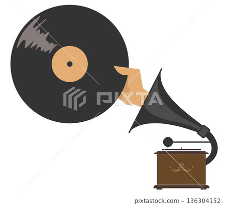 Record player, hand and record isolated. Hand holding a record appears from the loudhailer of the record player Record player, hand and record isolated. Hand holding a record appears from the loudhailer of the record player 136304152