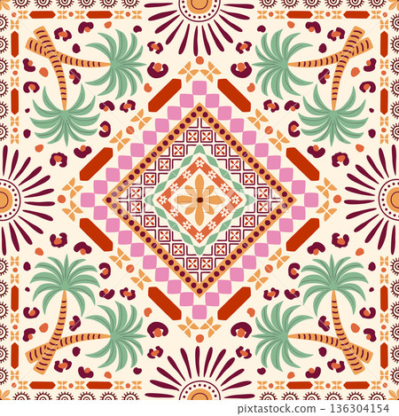 Geometrical tropical tile, scarf, square seamless pattern. Vector rhombus ornament, palm tree, ethnic sun, tribal stripe Geometrical tropical tile, scarf, square seamless pattern. Vector rhombus ornament, palm tree, ethnic sun, tribal stripe 136304154