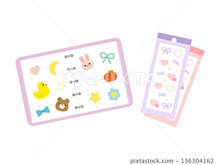 Illustration of an open sticker book and stickers Illustration of an open sticker book and stickers 136304162