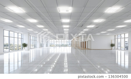 Empty office interior with ceiling grid lights 136304500