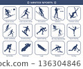 Pictograms for 15 sport disciplines of winter activities and games. 136304846