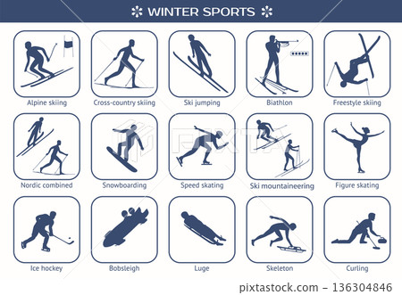 Pictograms for 15 sport disciplines of winter activities and games. Pictograms for 15 sport disciplines of winter activities and games. 136304846