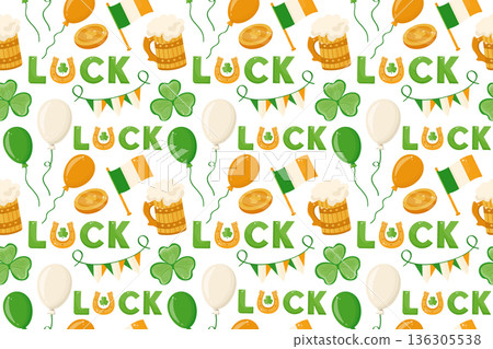 Festive Saint Patrick's Day seamless pattern with lucky symbols like shamrock, beer mug, coins, balloons, irish flag, and luck text. Celebration background for a traditional Irish holiday. Festive Saint Patrick's Day seamless pattern with lucky symbols like shamrock, beer mug, coins, balloons, irish flag, and luck text. Celebration background for a traditional Irish holiday. 136305538