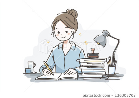 一位女士正在筆記本上做筆記 | 辦公室、學習和案頭工作的插圖素材 136305702