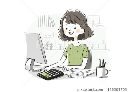 A woman doing calculations in accounting | Illustration material of accounting and back office work 136305703