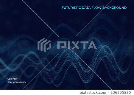 Modern abstract background with flowing digital waves and dotted surfaces forming a dynamic technological scene. Vector. Soft glow, depth effect and clean composition for business, science, artificial 136305820