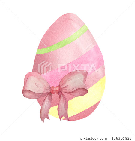 Watercolor Easter Egg with Pink Bow, Soft Pastel Spring Illustration 136305823