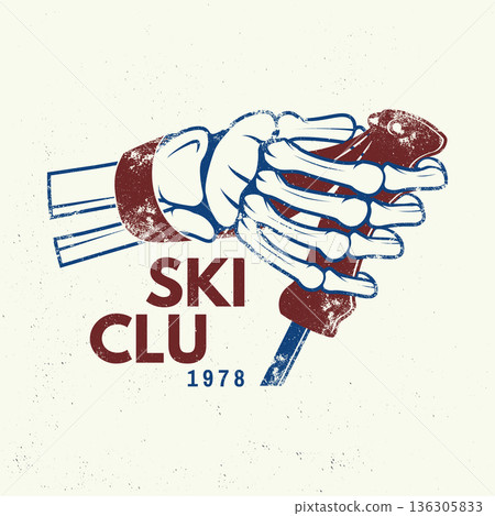 Ski club. Vector ski club retro badge. Concept for shirt, print, seal or stamp with human skeleton hand holding ski pole. Family vacation, activity or travel. For logo design, patches Ski club. Vector ski club retro badge. Concept for shirt, print, seal or stamp with human skeleton hand holding ski pole. Family vacation, activity or travel. For logo design, patches 136305833