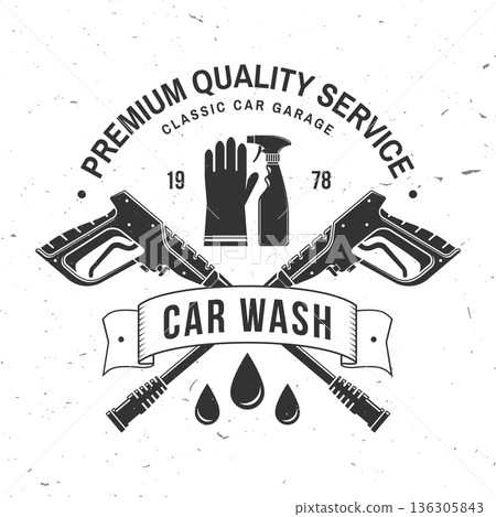 Car wash logo, emblems, badges and icons. Vector. Template for car wash logo, cleaning car, washing and service with cleaning equipment. 136305843