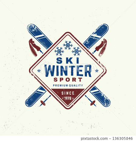 Ski winter sport. Vector ski club retro badge. Concept for shirt, print, seal or stamp with skis, ski poles. Family vacation, activity or travel. For logo design, patches 136305846