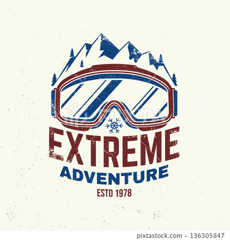 Extreme winter adventures. Vector ski club retro badge. Concept for shirt, print, seal or stamp with mountain, ski glasses. Family vacation, activity or travel. For logo design, patches Extreme winter adventures. Vector ski club retro badge. Concept for shirt, print, seal or stamp with mountain, ski glasses. Family vacation, activity or travel. For logo design, patches 136305847