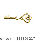 Decorative golden heart-shaped key, openwork key, vintage style with decorative heart-shaped head and swirls. 136306217