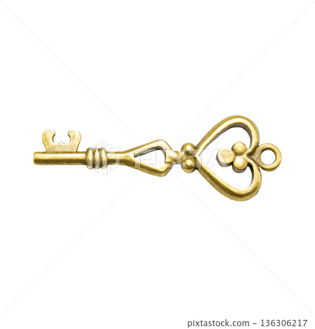Decorative golden heart-shaped key, openwork key, vintage style with decorative heart-shaped head and swirls. 136306217