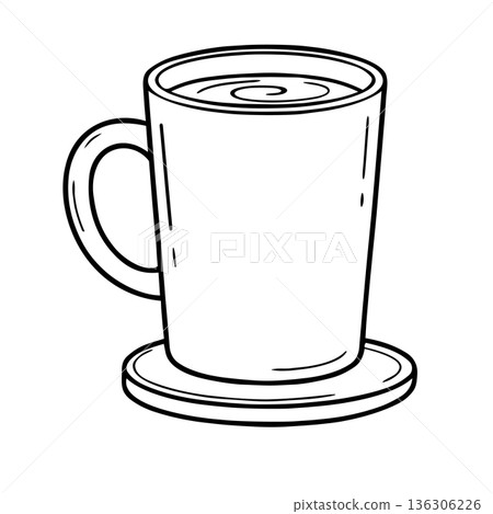 Hand drawn vector illustration of a hot coffee mug on a coaster. Black and white line art icon of a tea cup. Hand drawn vector illustration of a hot coffee mug on a coaster. Black and white line art icon of a tea cup. 136306226