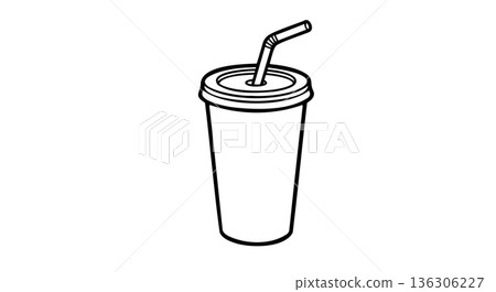 Disposable Soda Cup with Bent Straw. Line Art Vector Illustration of Fast Food Beverage Container for Mockup. 136306227