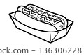 Hot Dog in Paper Tray with Mustard. Line Art Vector Illustration of Fast Food Snack. 136306228