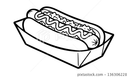 Hot Dog in Paper Tray with Mustard. Line Art Vector Illustration of Fast Food Snack. Hot Dog in Paper Tray with Mustard. Line Art Vector Illustration of Fast Food Snack. 136306228