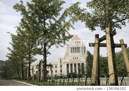 Old photo of the National Diet Building in Tokyo, 1932 (black and white photo colorized using AI) 136306282