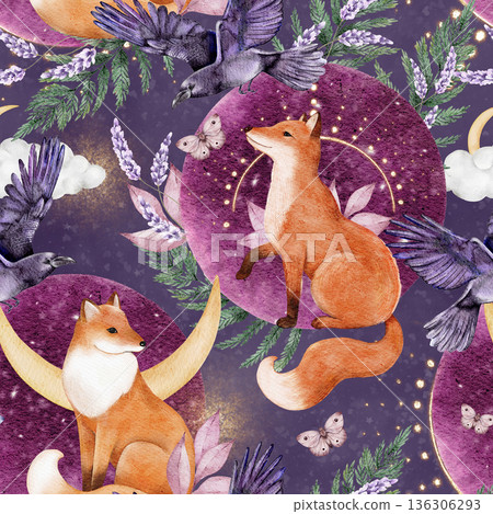 Seamless pattern with foxes, moon and forest plants. Hand painted watercolor illustration for textile, wallpaper, wrapping paper and kids designs. Dark night background. 136306293