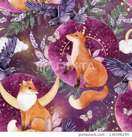 Seamless pattern with foxes, moon and forest plants. Hand painted watercolor illustration for textile, wallpaper, wrapping paper and kids designs. Purple background. 136306294